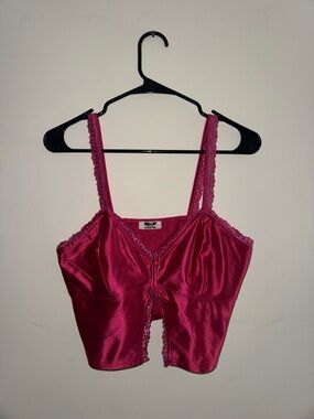 Rue 21 Fuchsia Satin Lace-Trim Crop Top